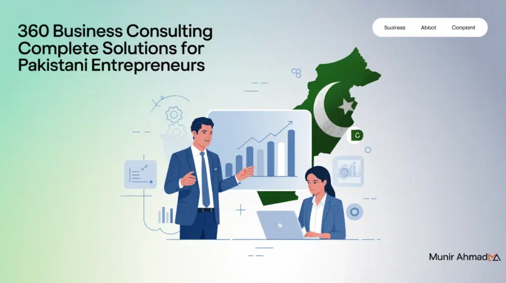 Pakistani entrepreneur discussing 360 business consulting strategy with experts for growth and success