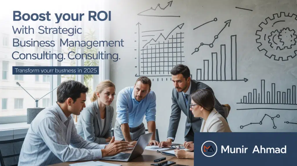 Business consultant analyzing growth strategies with executives for higher ROI