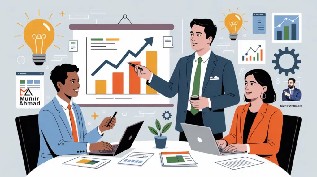Startup business consultant helping entrepreneur with strategic planning for success
