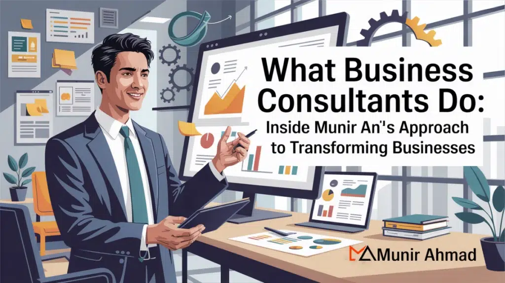 Business consultant Munir Ahmad analyzing growth strategies in a professional office setting