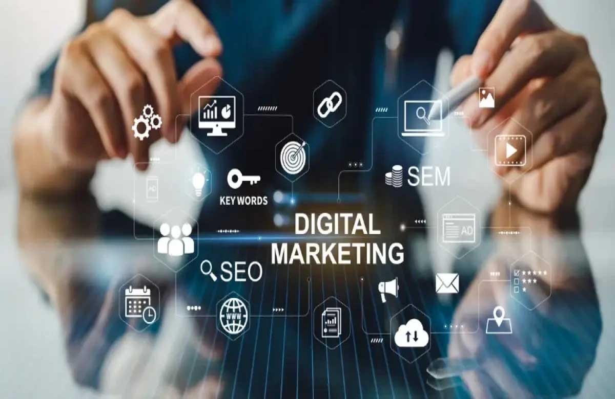 Person analyzing strategy icons on a screen representing Digital Marketing Services including SEO, SEM, and social media tools.