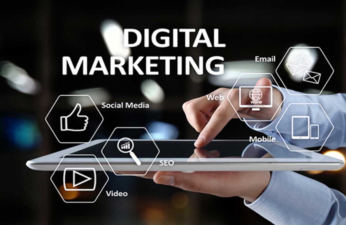 Digital Marketing Consultant using a tablet to manage SEO, social media, email, and mobile strategies.