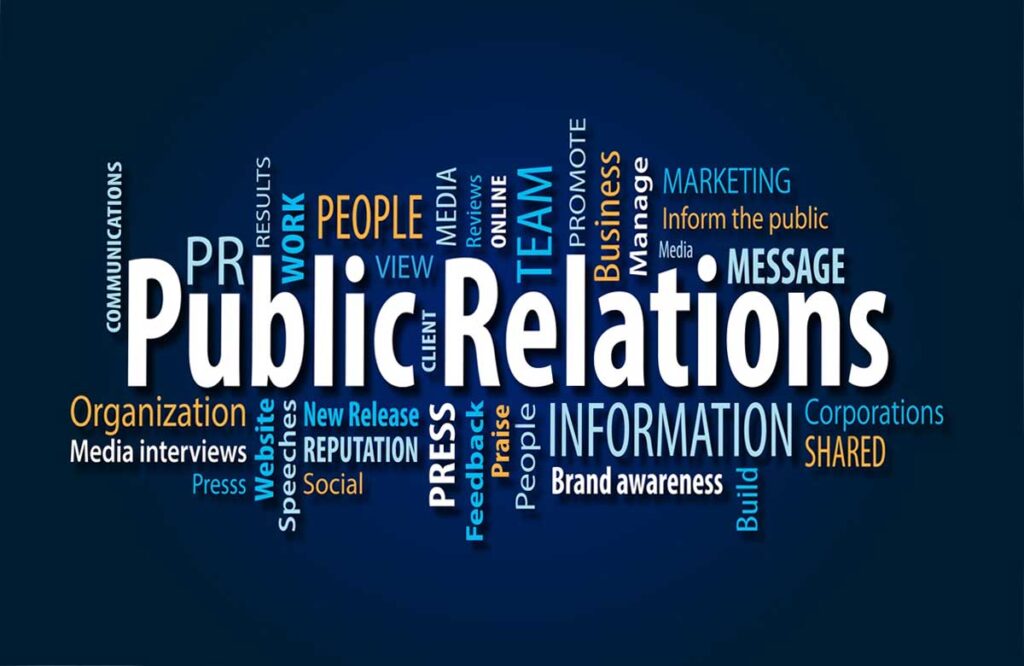 PR agency word cloud with related terms like media, PR, reputation, and communication.