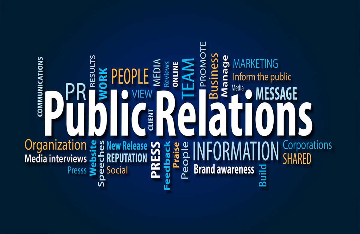 PR agency word cloud with related terms like media, PR, reputation, and communication.
